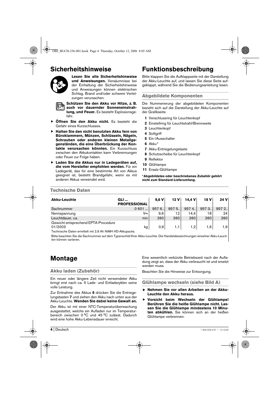 Sicherheitshinweise, Funktionsbeschreibung, Montage | Bosch GLI 14,4 V Professional User Manual | Page 4 / 86