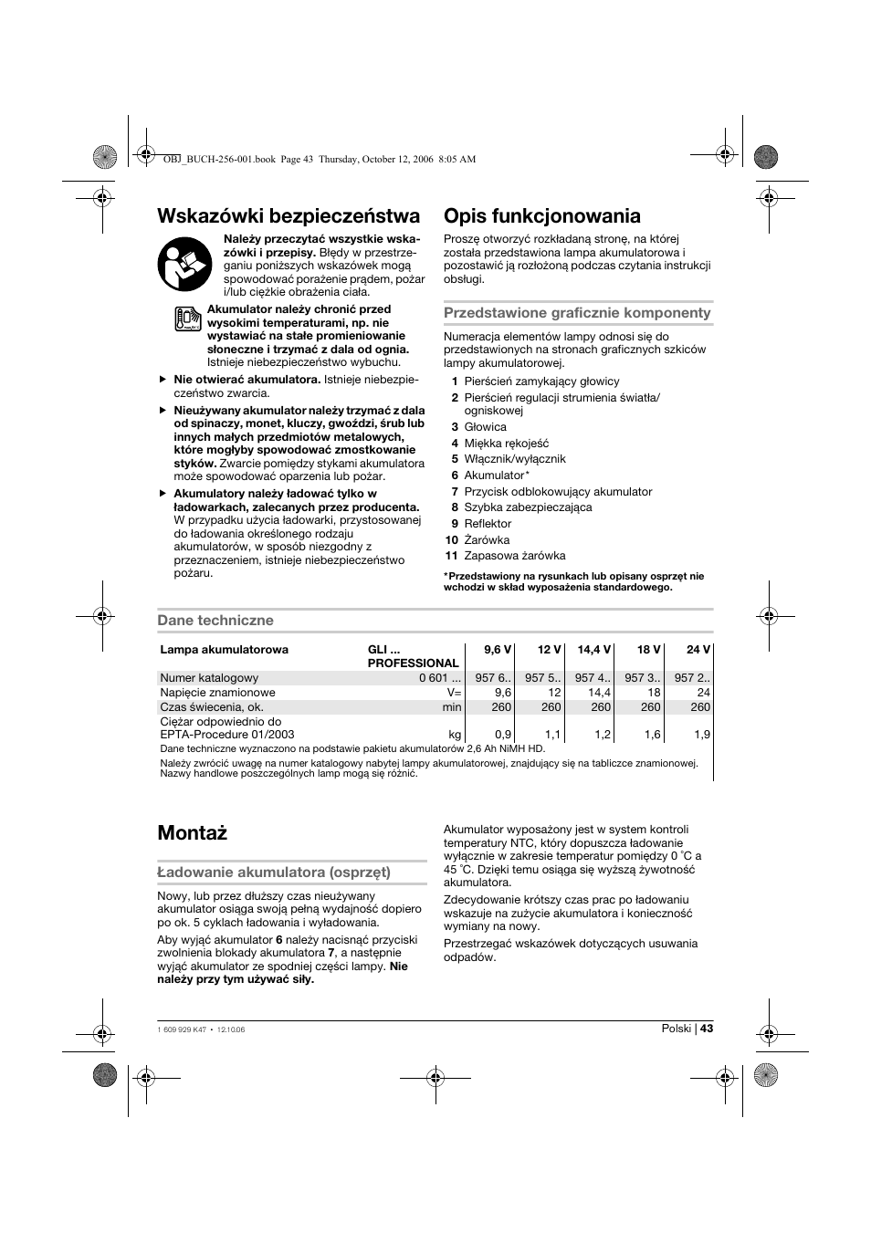 Wskazówki bezpieczeństwa, Opis funkcjonowania, Montaż | Bosch GLI 14,4 V Professional User Manual | Page 43 / 86