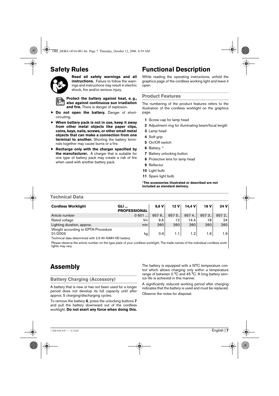 Safety rules, Functional description, Assembly | Bosch GLI 14,4 V Professional User Manual | Page 7 / 86