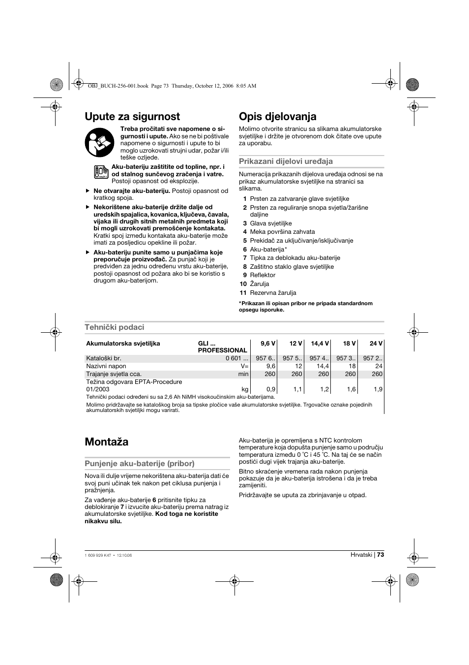 Upute za sigurnost, Opis djelovanja, Montaža | Bosch GLI 14,4 V Professional User Manual | Page 73 / 86