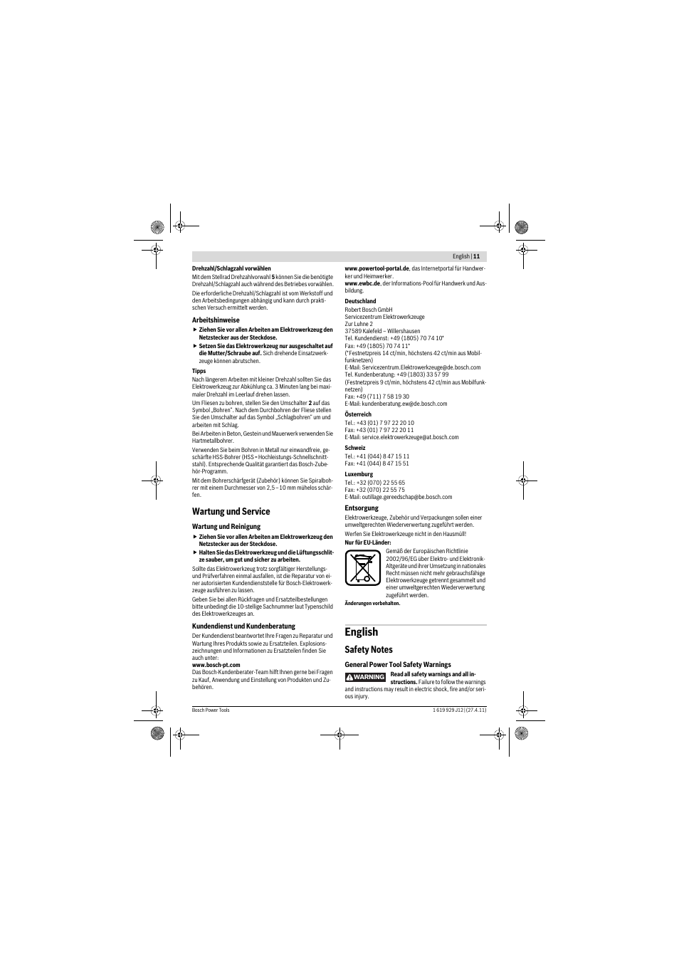 English, Wartung und service | Bosch GSB 19-2 RE Professional User Manual | Page 11 / 172