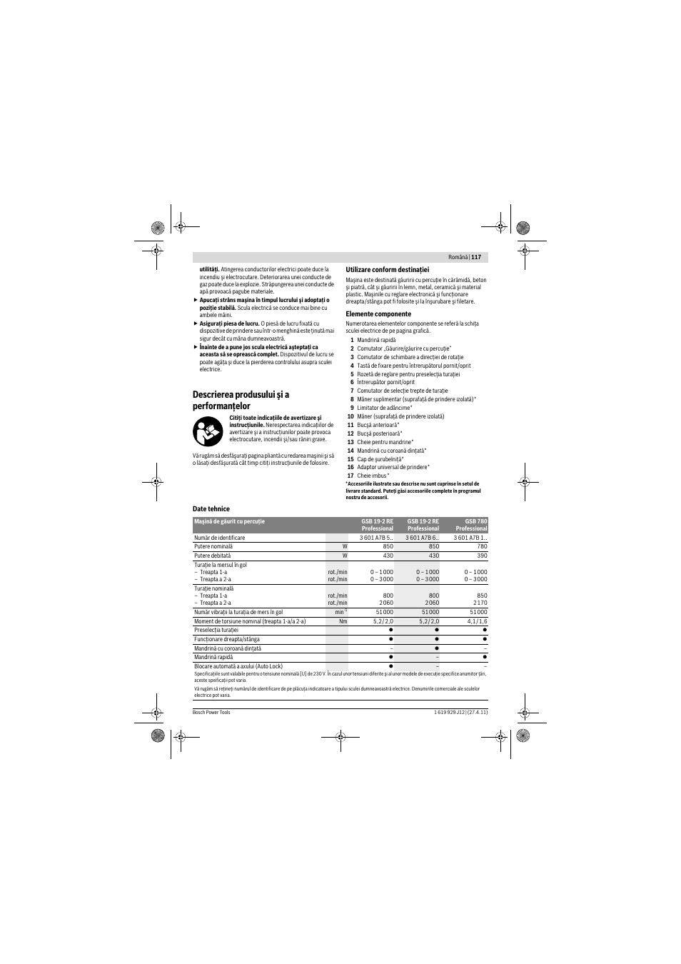 Descrierea produsului şi a performanţelor | Bosch GSB 19-2 RE Professional User Manual | Page 117 / 172