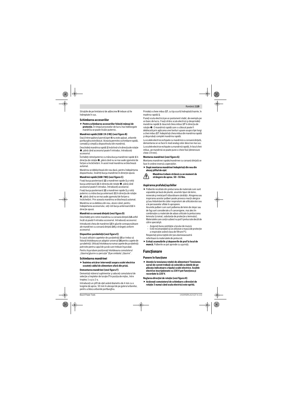 Funcţionare | Bosch GSB 19-2 RE Professional User Manual | Page 119 / 172