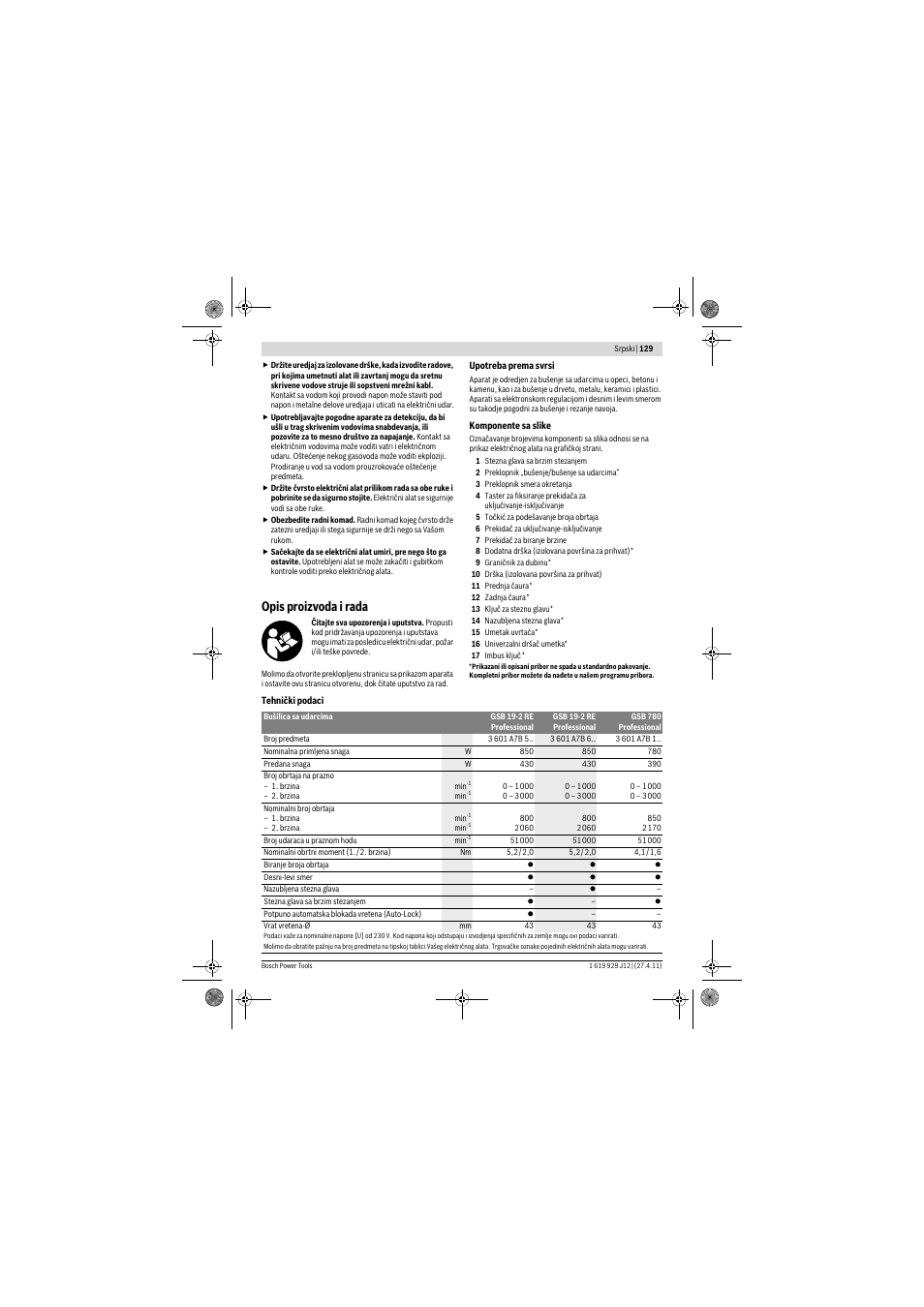 Opis proizvoda i rada | Bosch GSB 19-2 RE Professional User Manual | Page 129 / 172