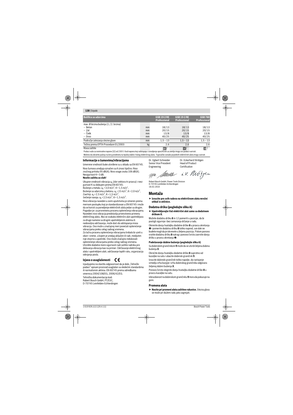 Montaža | Bosch GSB 19-2 RE Professional User Manual | Page 130 / 172