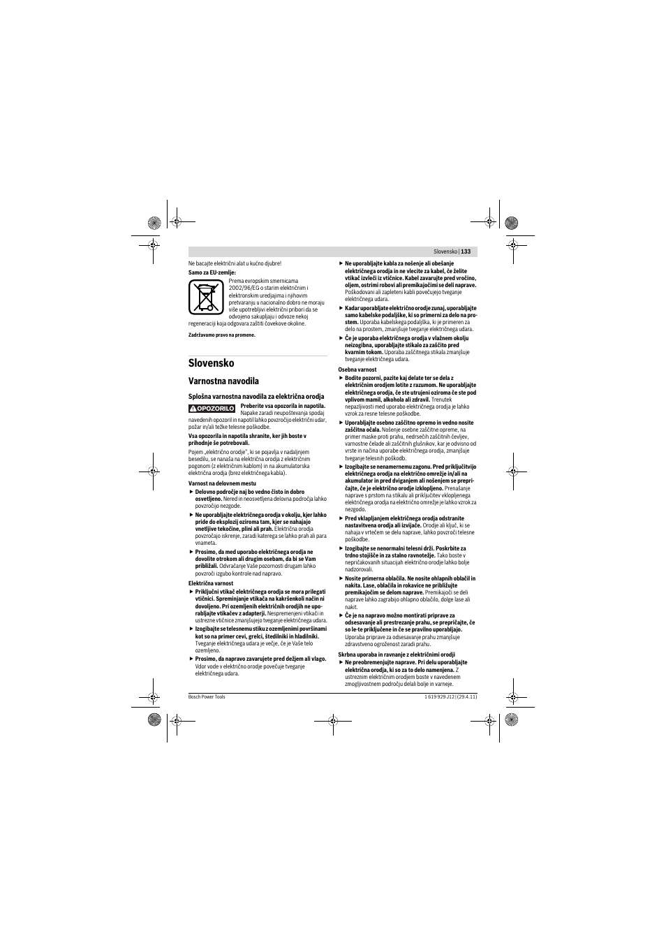 Slovensko, Varnostna navodila | Bosch GSB 19-2 RE Professional User Manual | Page 133 / 172