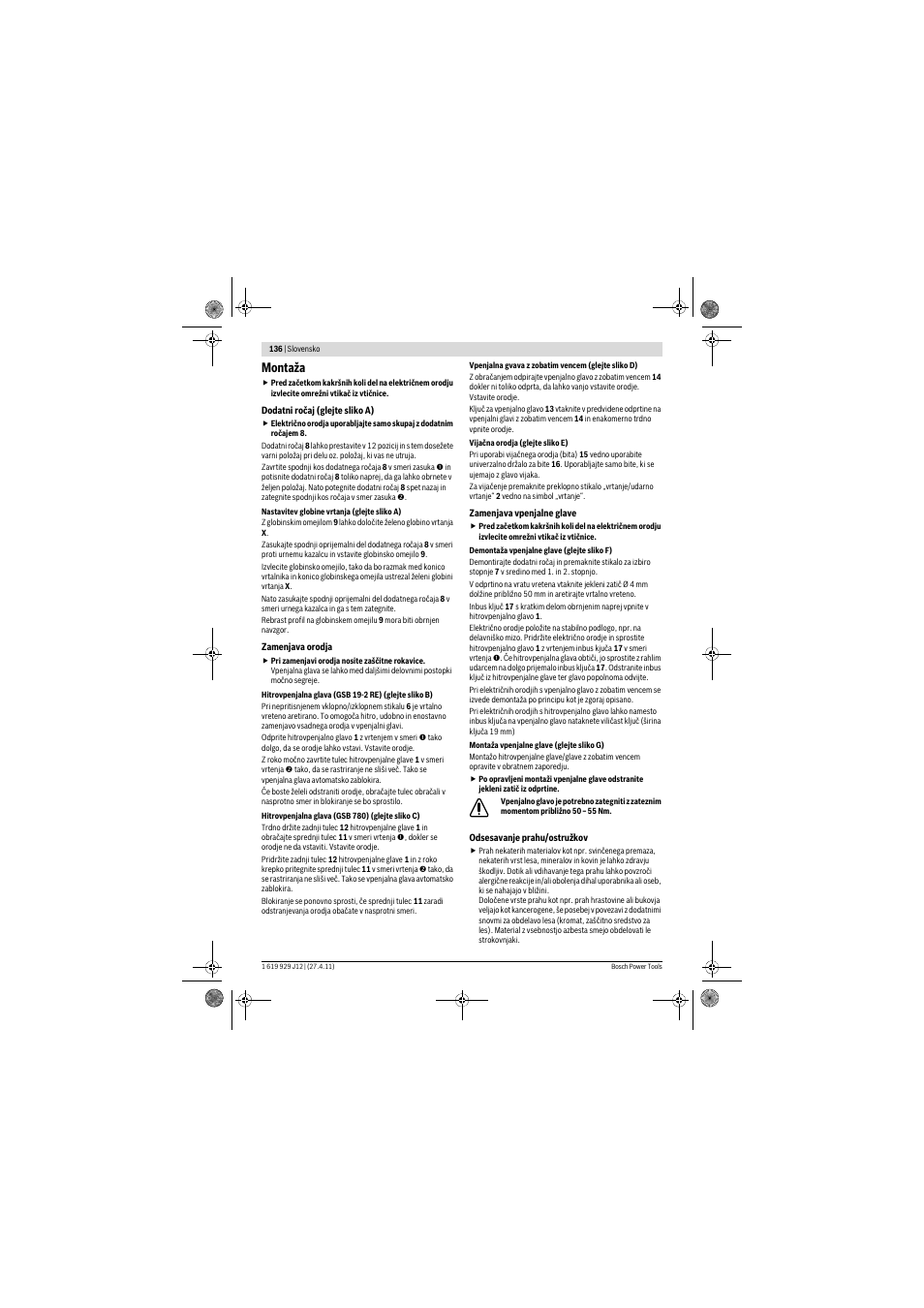 Montaža | Bosch GSB 19-2 RE Professional User Manual | Page 136 / 172