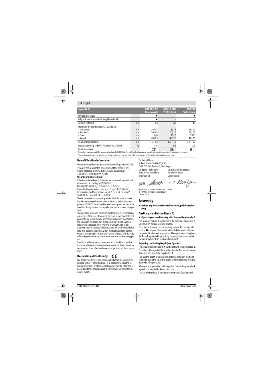Assembly | Bosch GSB 19-2 RE Professional User Manual | Page 14 / 172