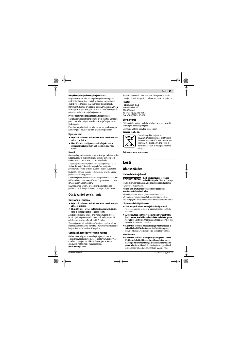Eesti, Održavanje i servisiranje, Ohutusnõuded | Bosch GSB 19-2 RE Professional User Manual | Page 143 / 172