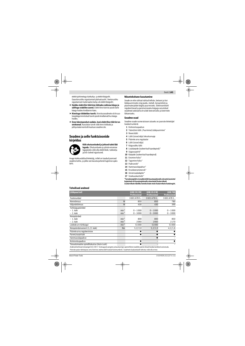 Seadme ja selle funktsioonide kirjeldus | Bosch GSB 19-2 RE Professional User Manual | Page 145 / 172