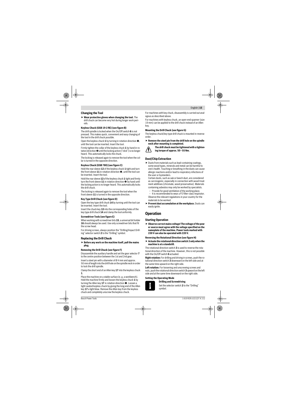 Operation | Bosch GSB 19-2 RE Professional User Manual | Page 15 / 172