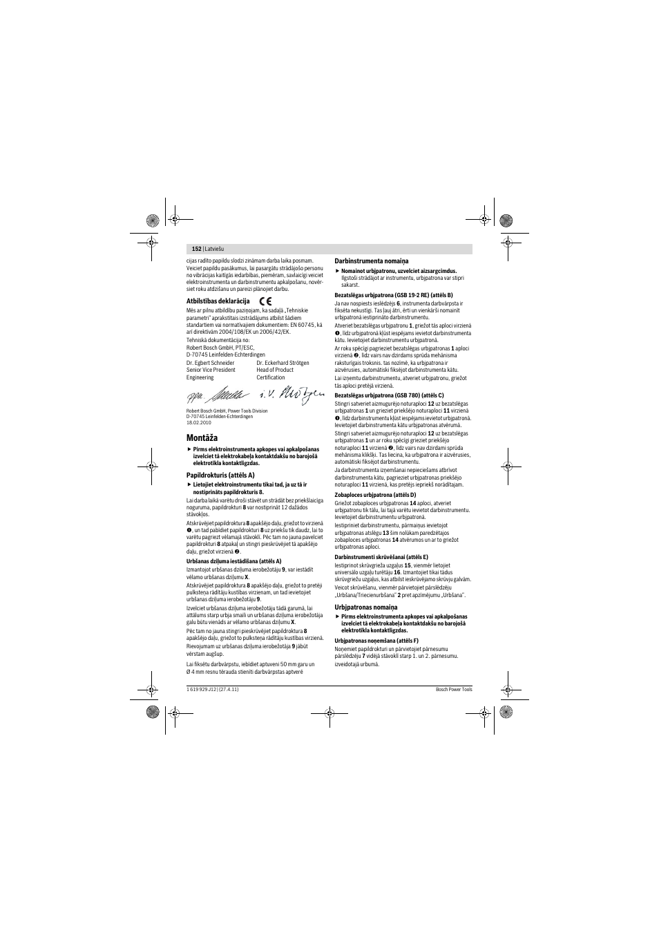 Montāža | Bosch GSB 19-2 RE Professional User Manual | Page 152 / 172