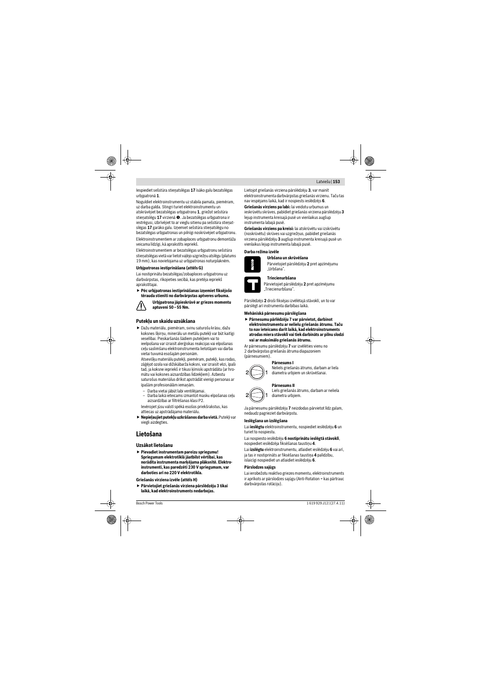 Lietošana | Bosch GSB 19-2 RE Professional User Manual | Page 153 / 172