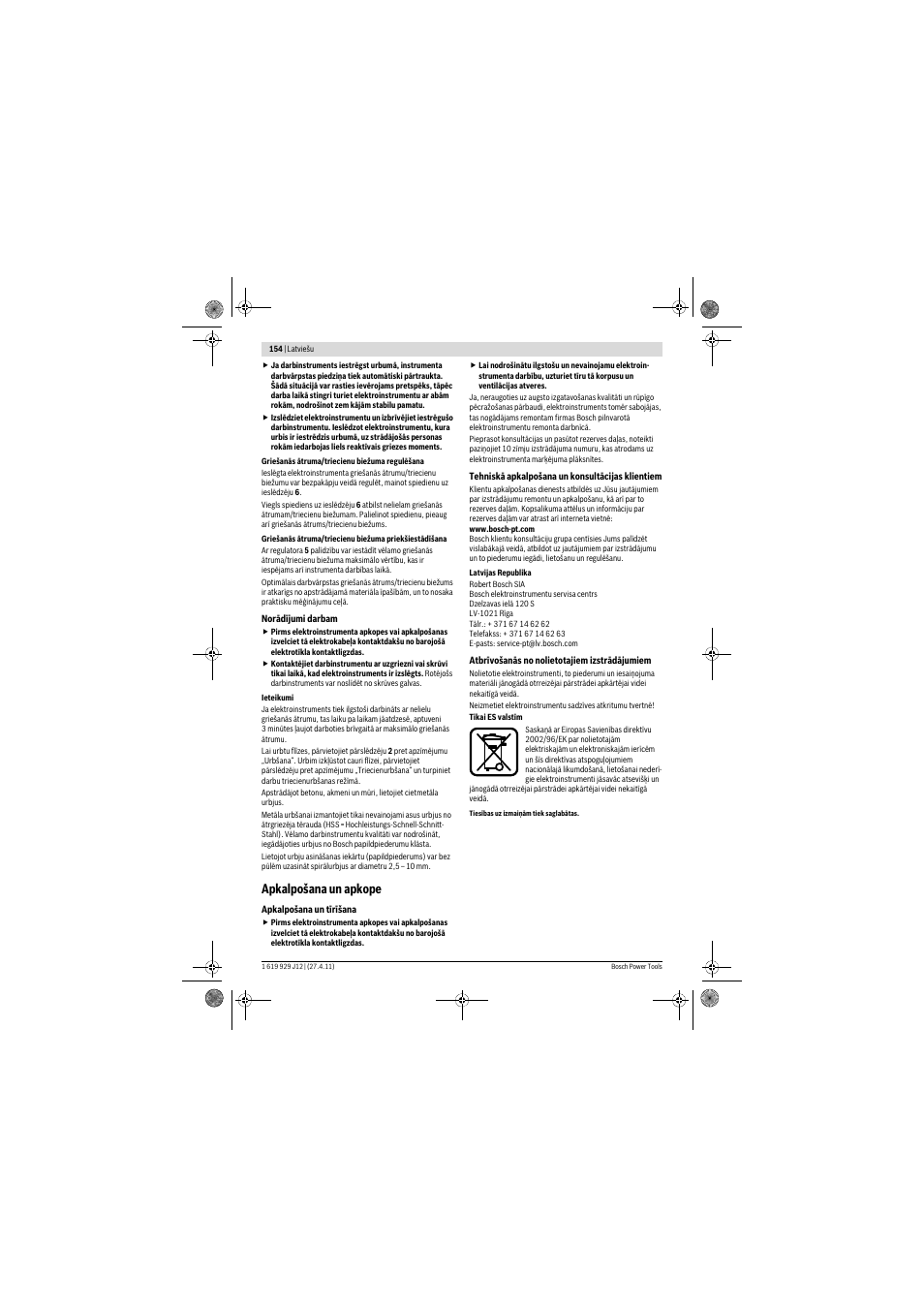 Apkalpošana un apkope | Bosch GSB 19-2 RE Professional User Manual | Page 154 / 172