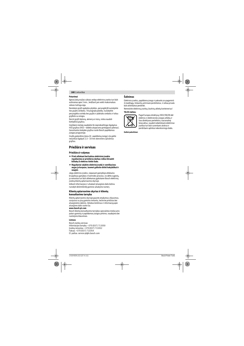 Priežiūra ir servisas | Bosch GSB 19-2 RE Professional User Manual | Page 160 / 172