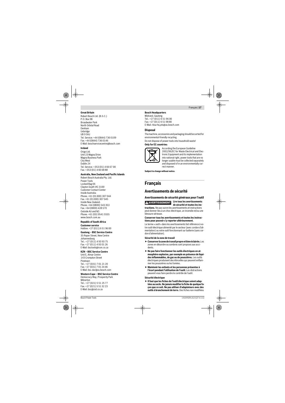 Français, Avertissements de sécurité | Bosch GSB 19-2 RE Professional User Manual | Page 17 / 172