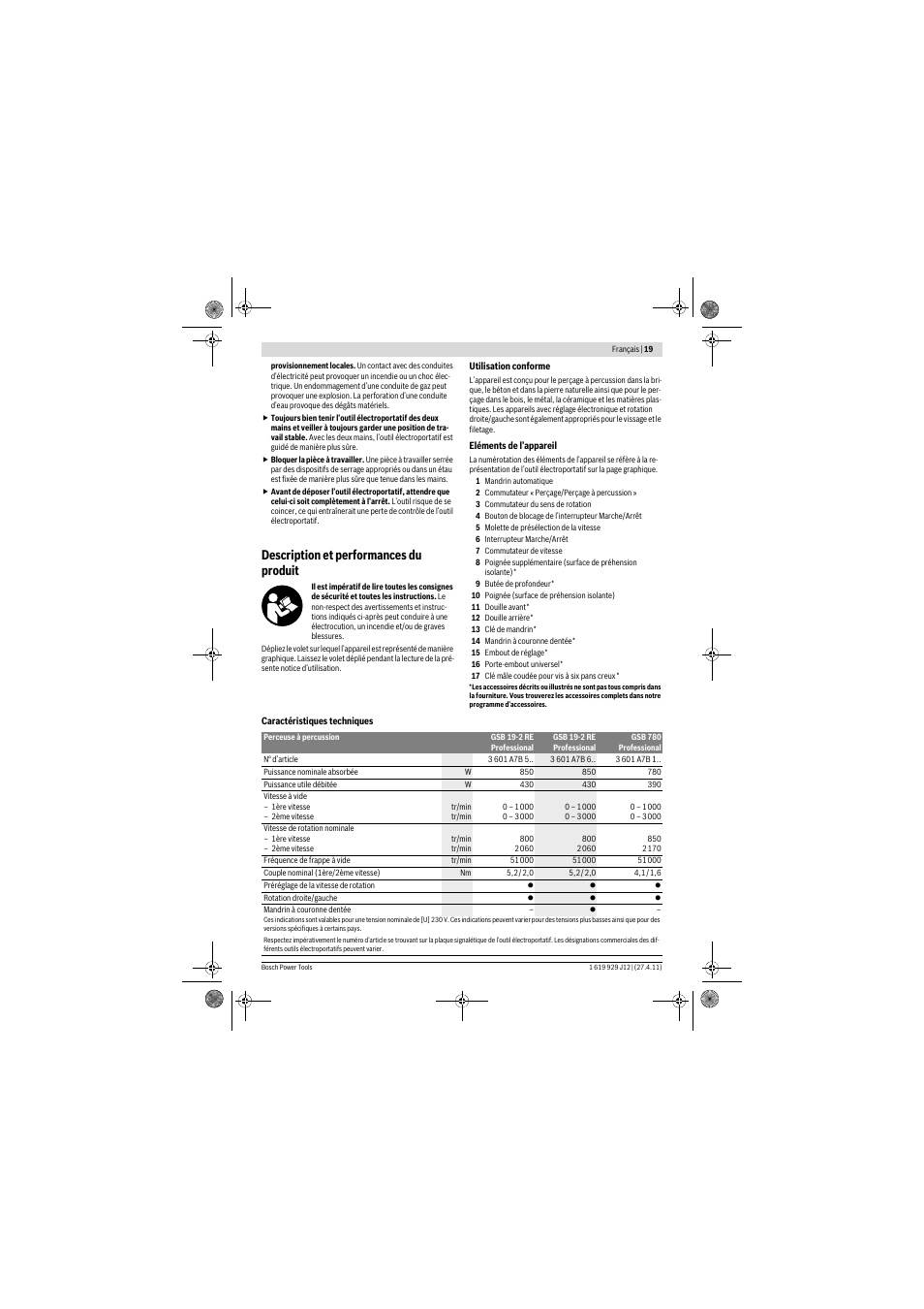 Description et performances du produit | Bosch GSB 19-2 RE Professional User Manual | Page 19 / 172