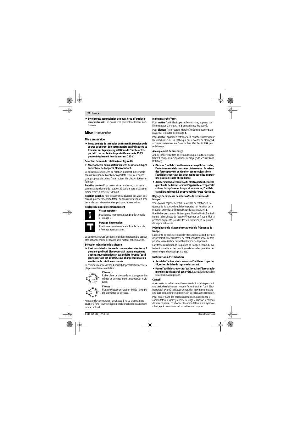 Mise en marche | Bosch GSB 19-2 RE Professional User Manual | Page 22 / 172