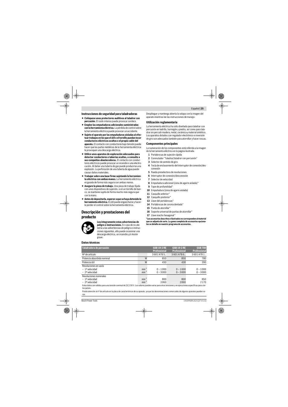 Descripción y prestaciones del producto | Bosch GSB 19-2 RE Professional User Manual | Page 25 / 172