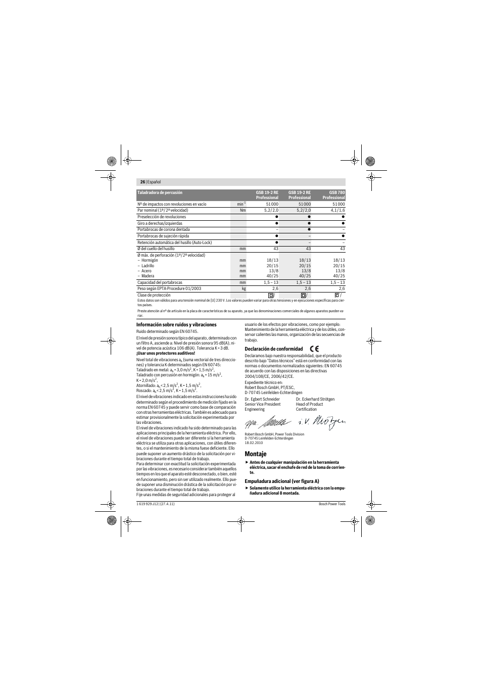 Montaje | Bosch GSB 19-2 RE Professional User Manual | Page 26 / 172