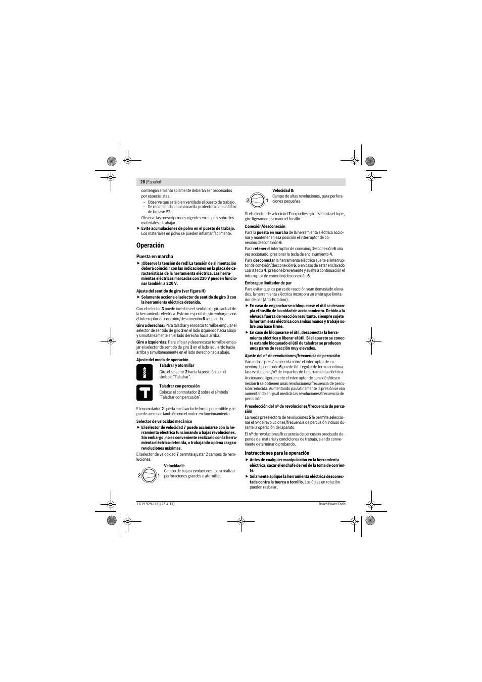Operación | Bosch GSB 19-2 RE Professional User Manual | Page 28 / 172