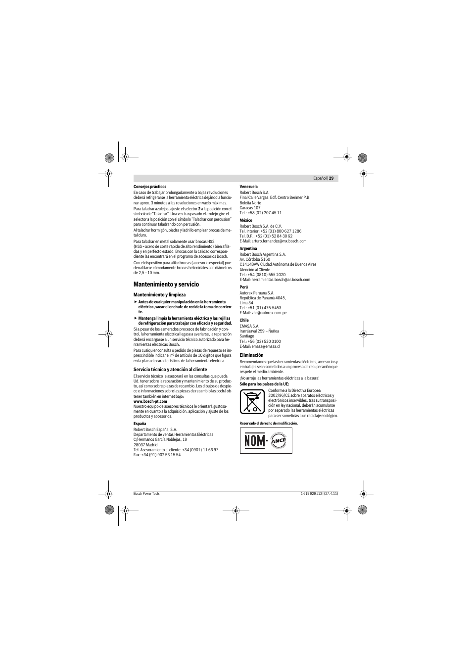 Mantenimiento y servicio | Bosch GSB 19-2 RE Professional User Manual | Page 29 / 172