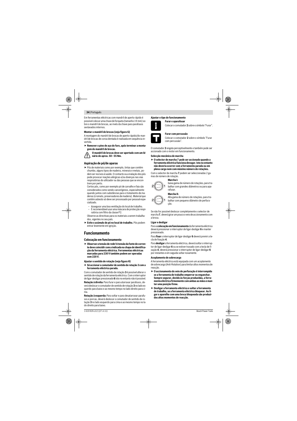 Funcionamento | Bosch GSB 19-2 RE Professional User Manual | Page 34 / 172