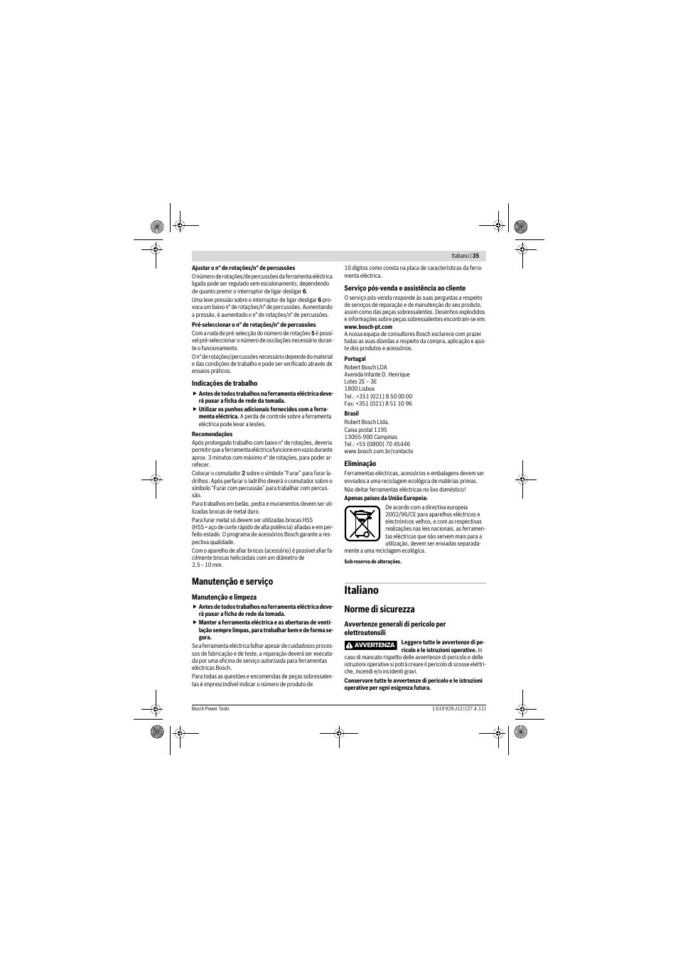 Italiano, Manutenção e serviço, Norme di sicurezza | Bosch GSB 19-2 RE Professional User Manual | Page 35 / 172