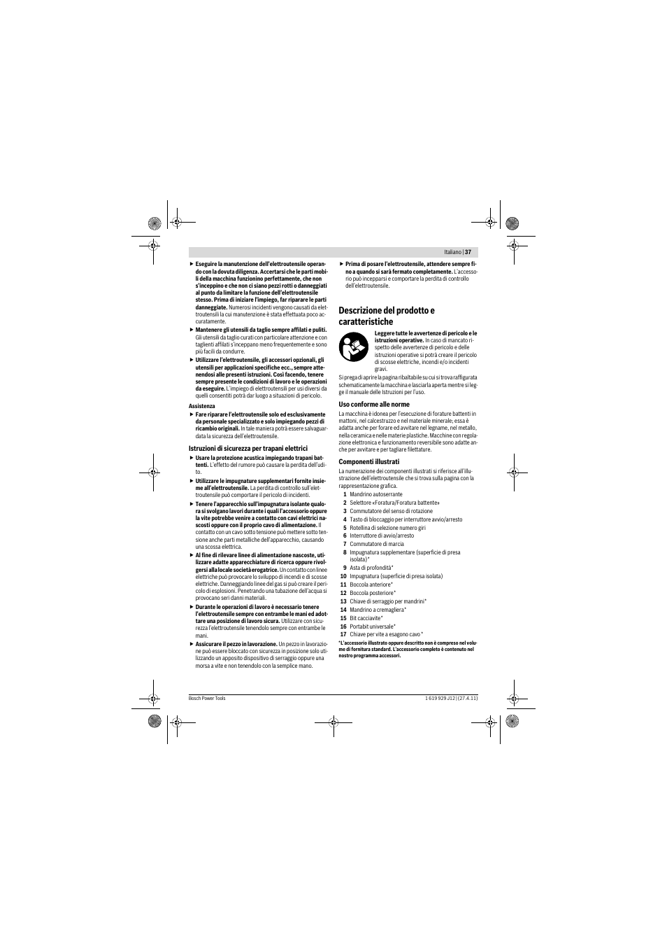 Descrizione del prodotto e caratteristiche | Bosch GSB 19-2 RE Professional User Manual | Page 37 / 172