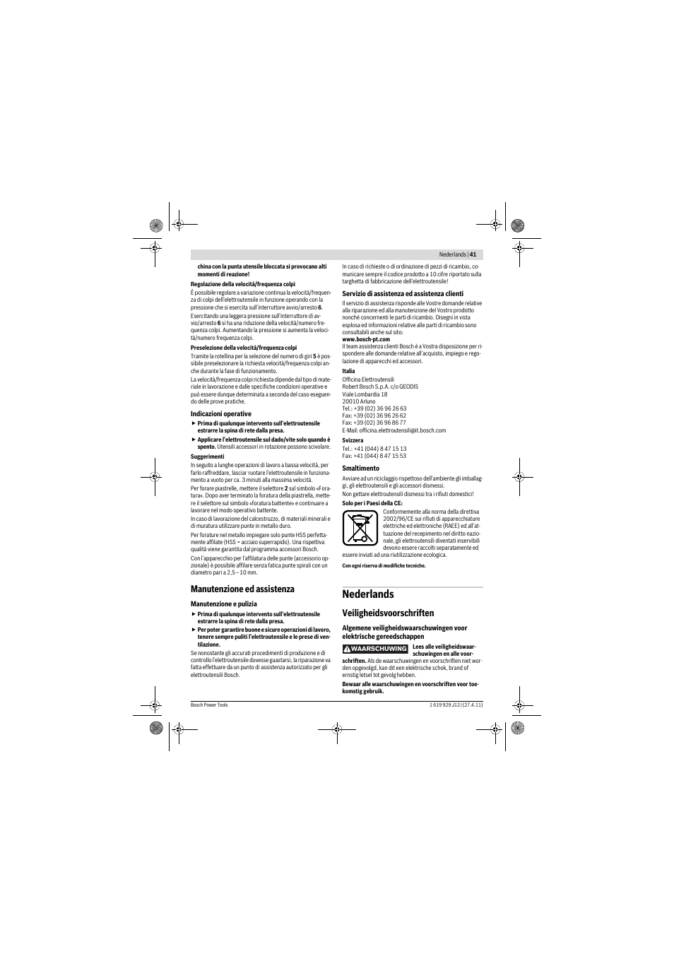 Nederlands, Manutenzione ed assistenza, Veiligheidsvoorschriften | Bosch GSB 19-2 RE Professional User Manual | Page 41 / 172