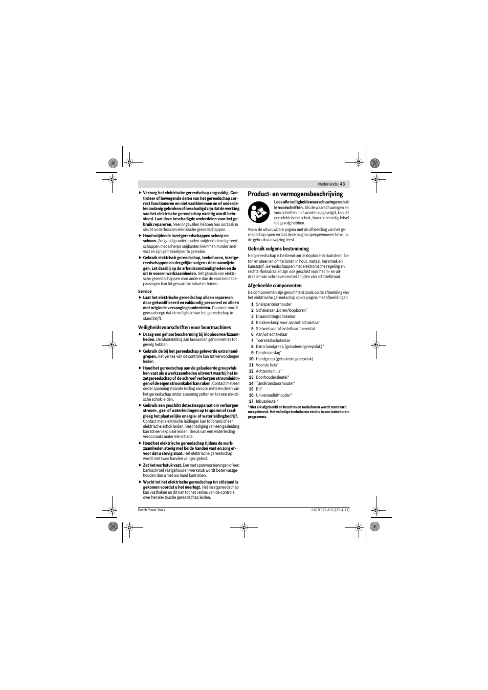 Product- en vermogensbeschrijving | Bosch GSB 19-2 RE Professional User Manual | Page 43 / 172