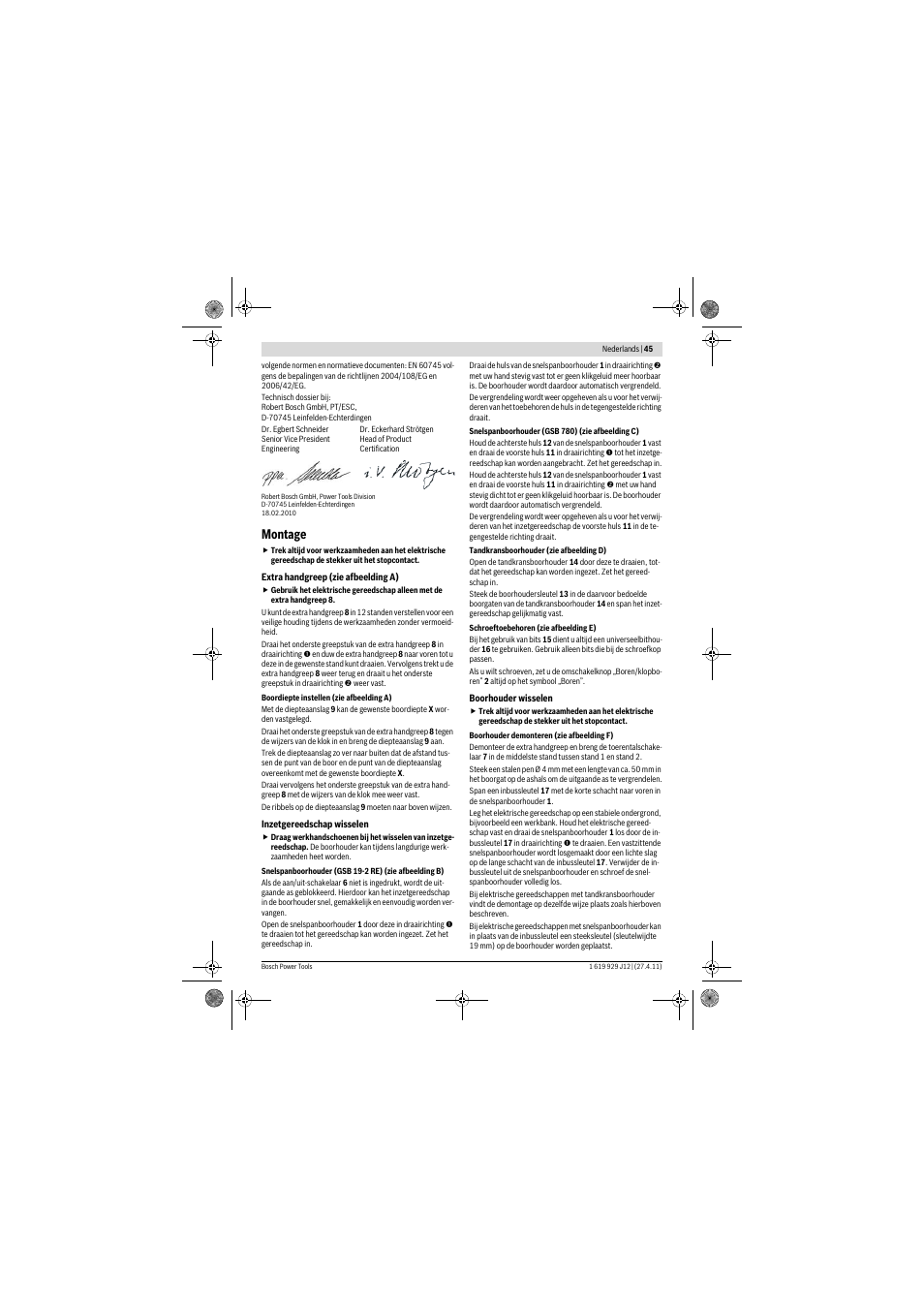 Montage | Bosch GSB 19-2 RE Professional User Manual | Page 45 / 172