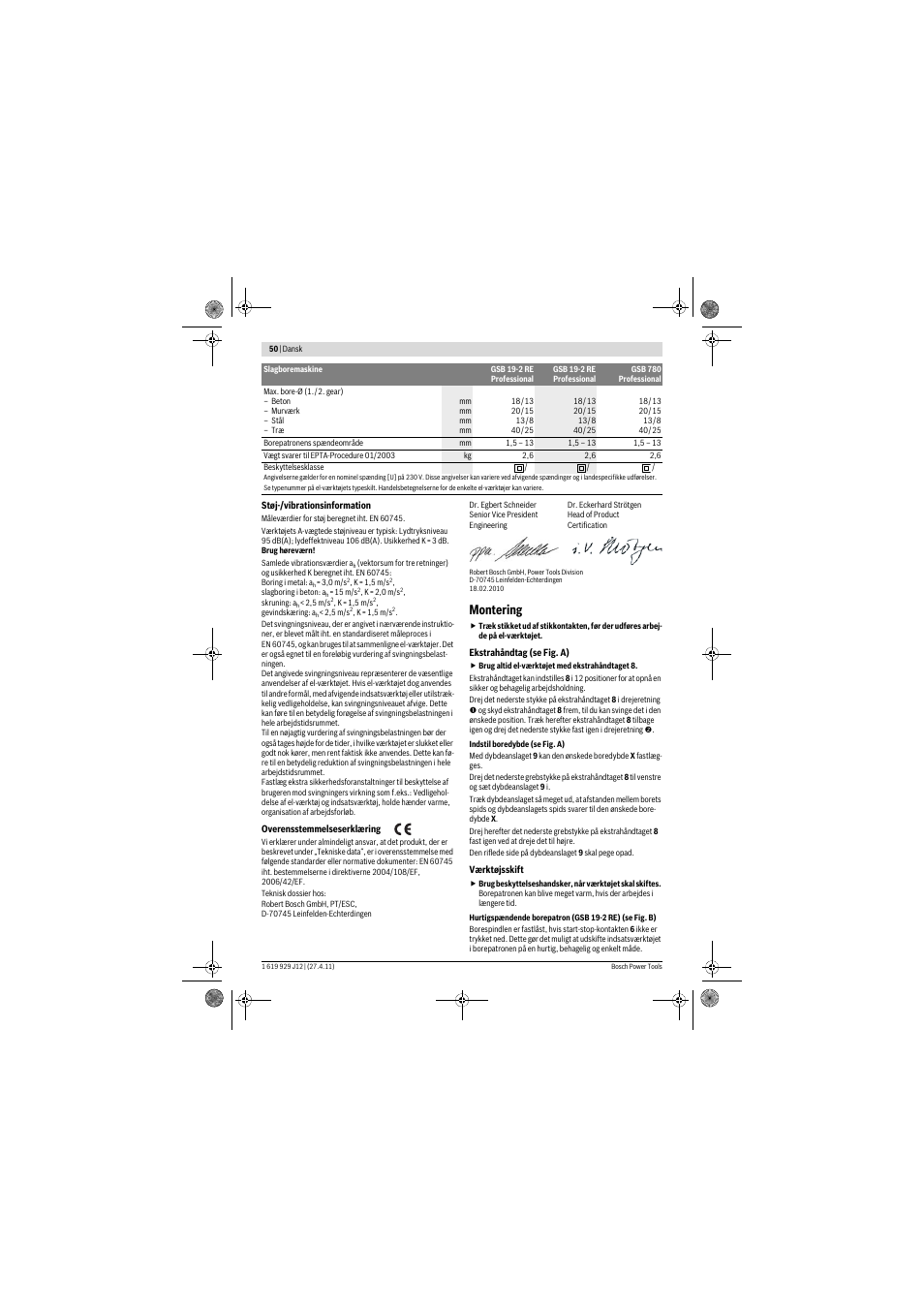 Montering | Bosch GSB 19-2 RE Professional User Manual | Page 50 / 172
