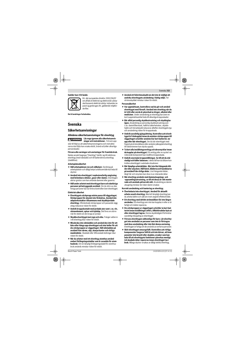 Svenska, Säkerhetsanvisningar | Bosch GSB 19-2 RE Professional User Manual | Page 53 / 172