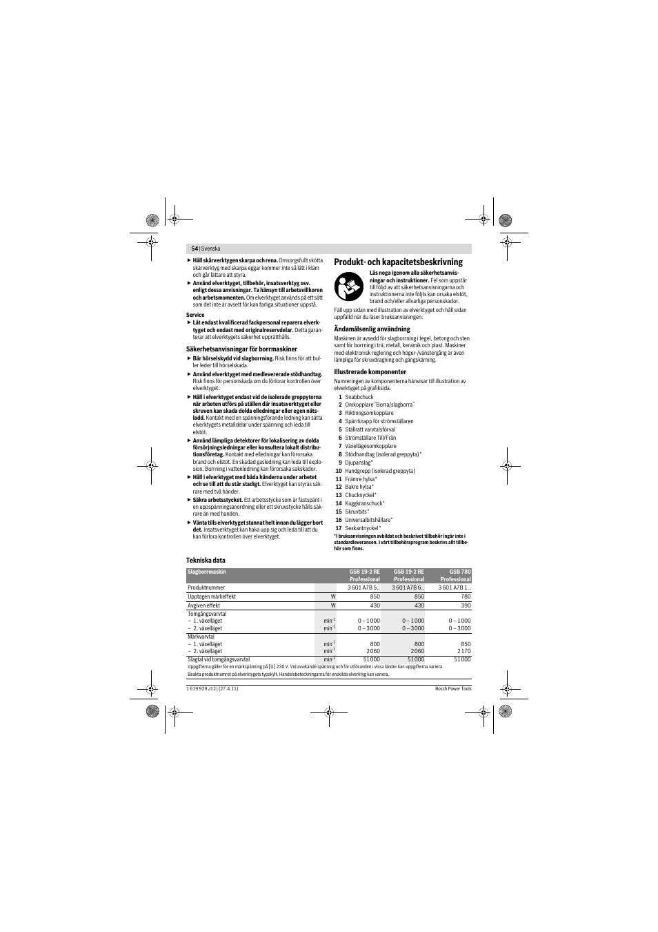 Produkt- och kapacitetsbeskrivning | Bosch GSB 19-2 RE Professional User Manual | Page 54 / 172