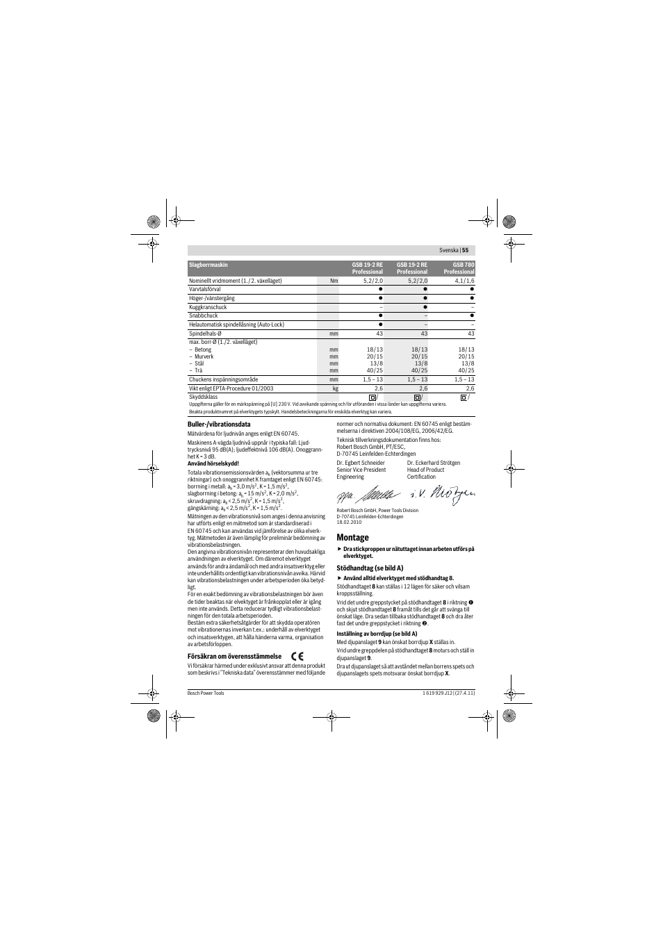 Montage | Bosch GSB 19-2 RE Professional User Manual | Page 55 / 172