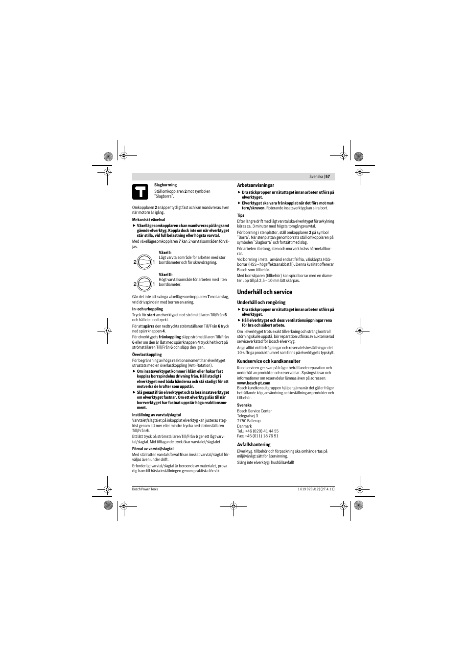 Underhåll och service | Bosch GSB 19-2 RE Professional User Manual | Page 57 / 172