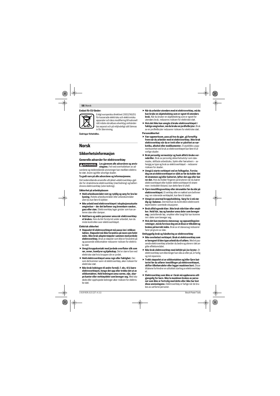 Norsk, Sikkerhetsinformasjon | Bosch GSB 19-2 RE Professional User Manual | Page 58 / 172