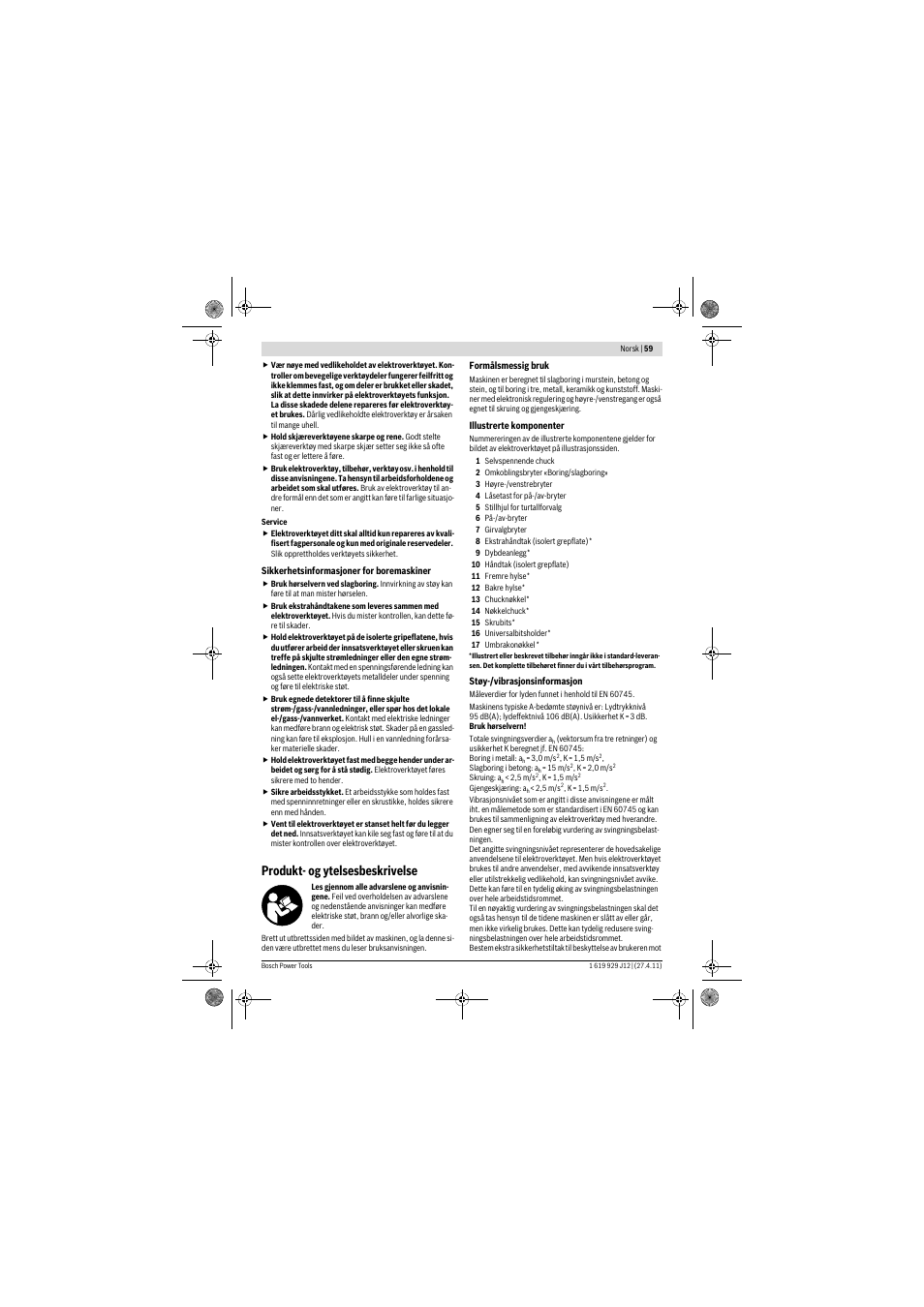 Produkt- og ytelsesbeskrivelse | Bosch GSB 19-2 RE Professional User Manual | Page 59 / 172