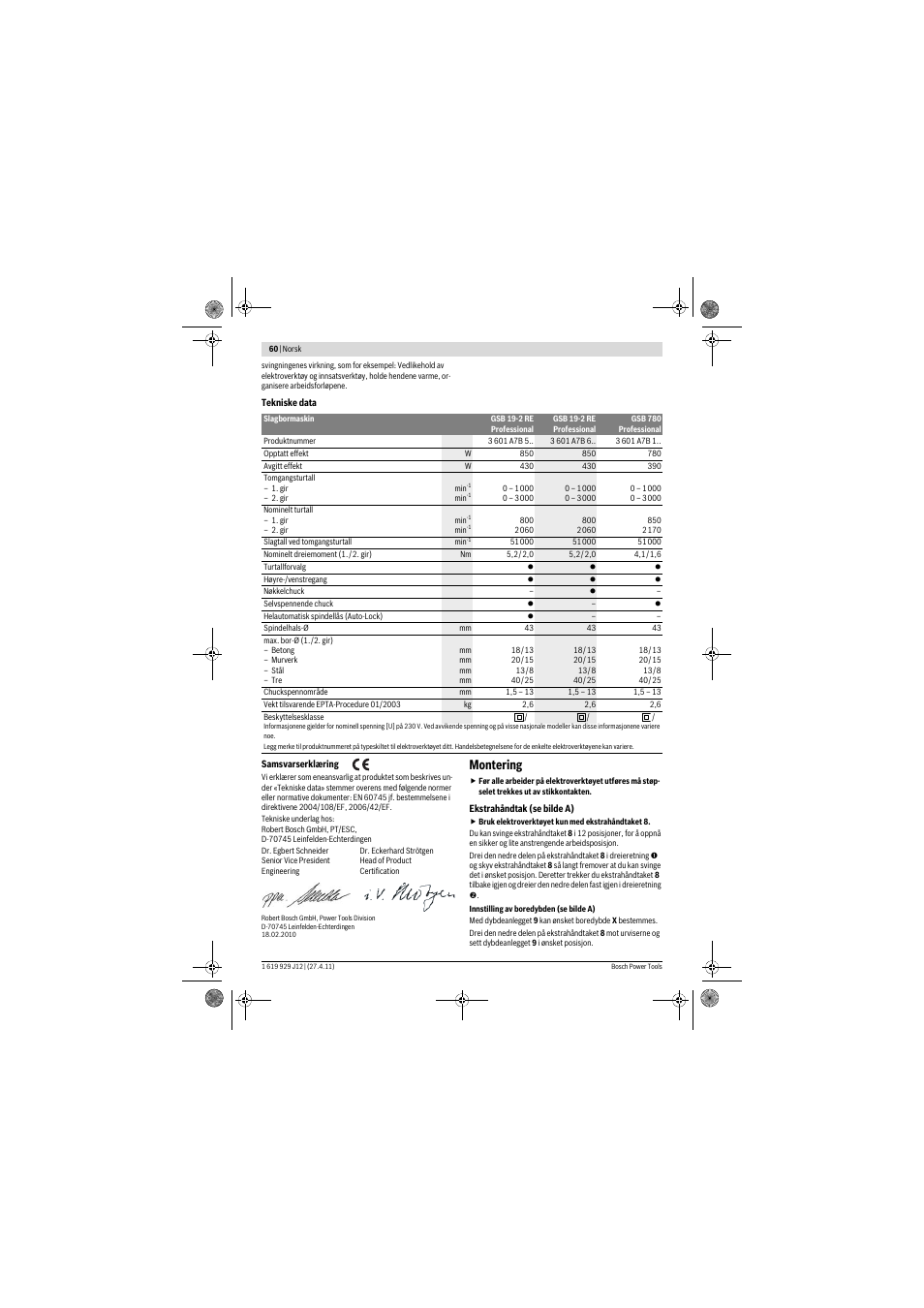 Montering | Bosch GSB 19-2 RE Professional User Manual | Page 60 / 172