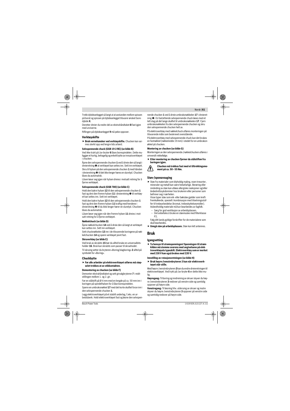 Bruk | Bosch GSB 19-2 RE Professional User Manual | Page 61 / 172