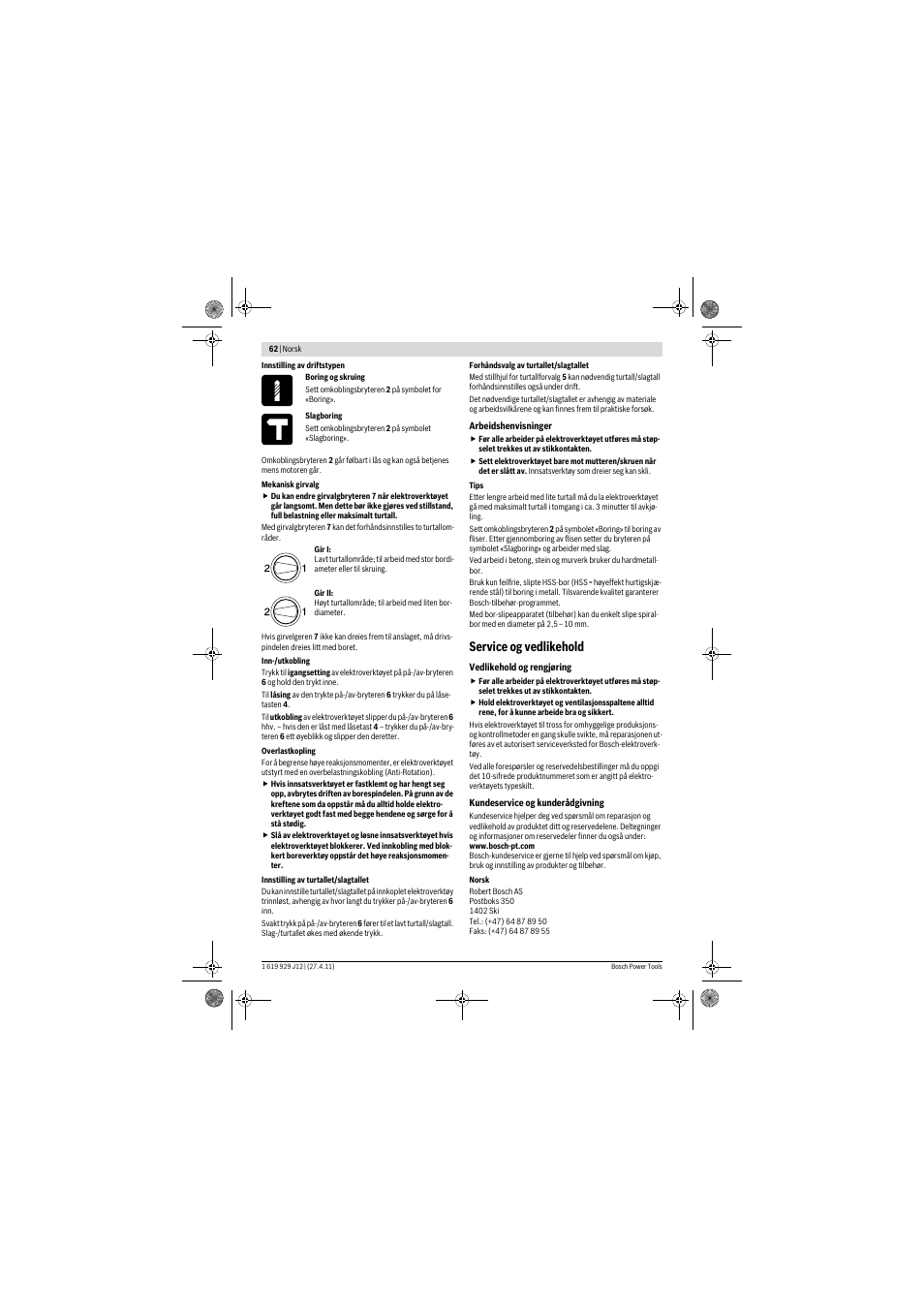 Service og vedlikehold | Bosch GSB 19-2 RE Professional User Manual | Page 62 / 172