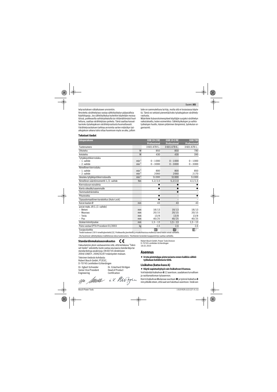 Asennus | Bosch GSB 19-2 RE Professional User Manual | Page 65 / 172