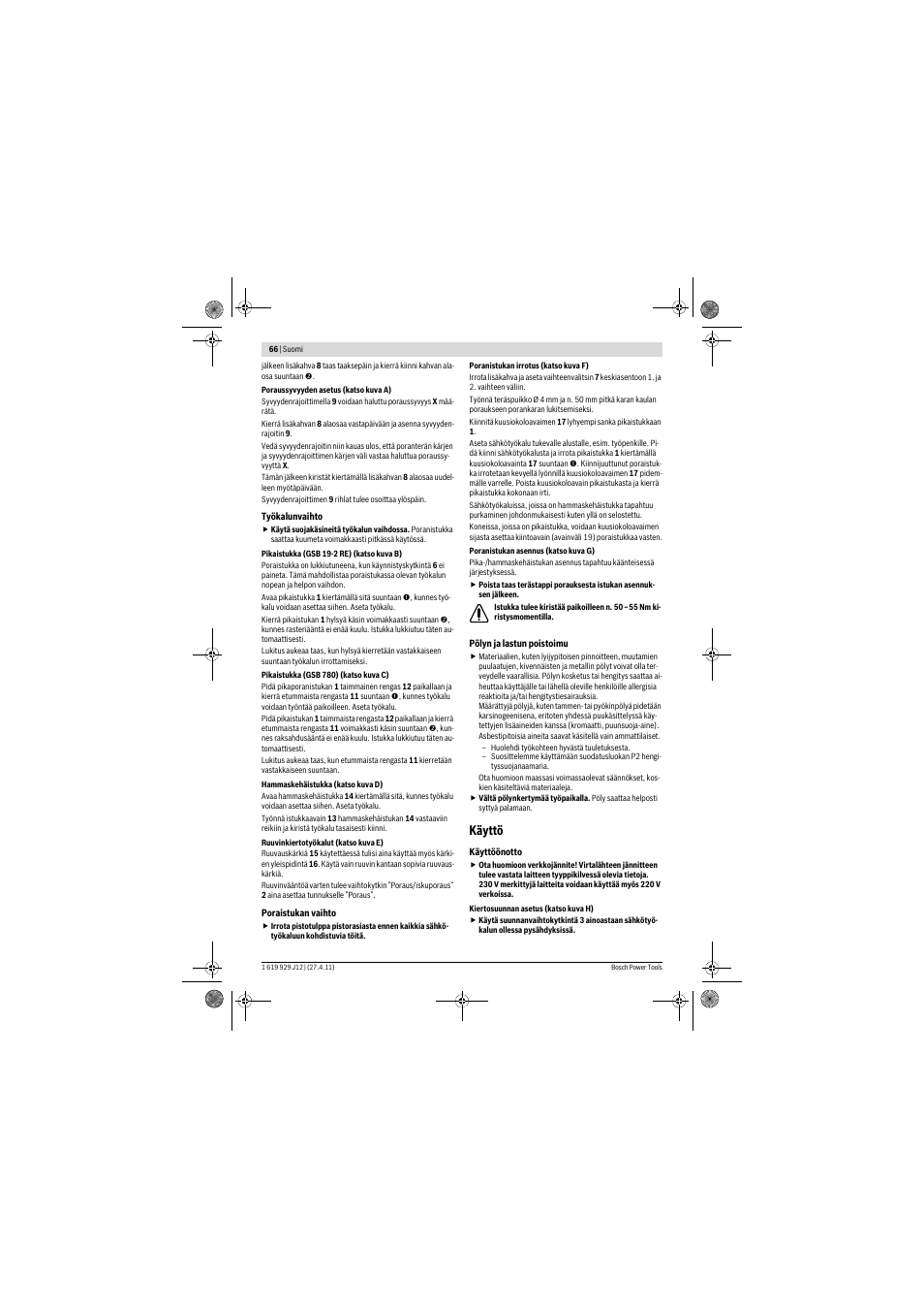 Käyttö | Bosch GSB 19-2 RE Professional User Manual | Page 66 / 172
