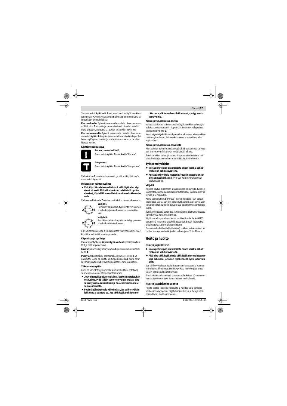 Hoito ja huolto | Bosch GSB 19-2 RE Professional User Manual | Page 67 / 172