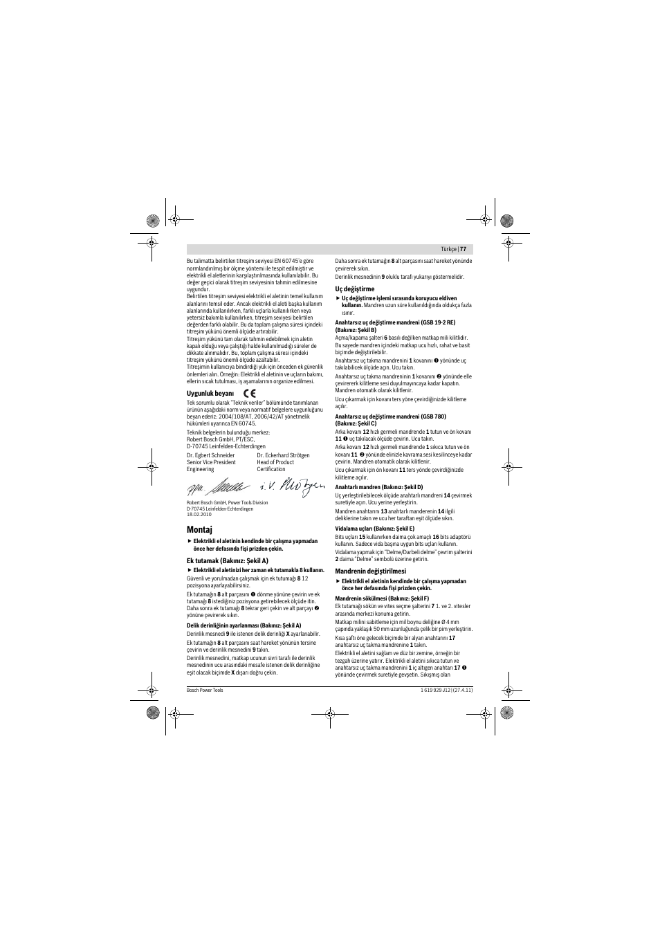 Montaj | Bosch GSB 19-2 RE Professional User Manual | Page 77 / 172
