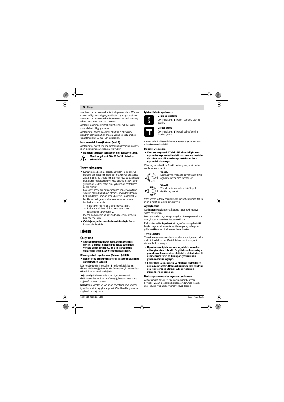 Işletim | Bosch GSB 19-2 RE Professional User Manual | Page 78 / 172