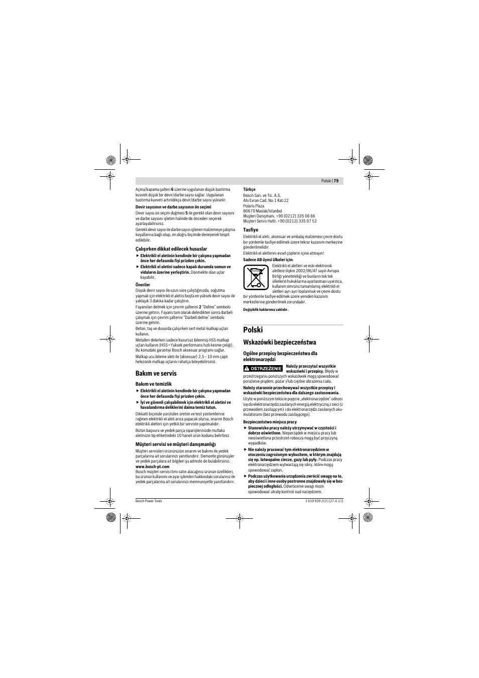 Polski, Bak m ve servis, Wskazówki bezpieczeństwa | Bosch GSB 19-2 RE Professional User Manual | Page 79 / 172