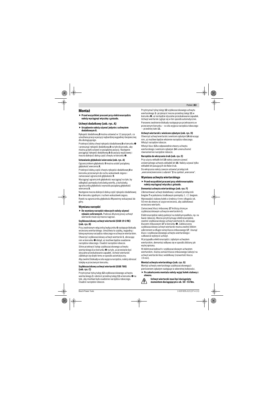 Montaż | Bosch GSB 19-2 RE Professional User Manual | Page 83 / 172