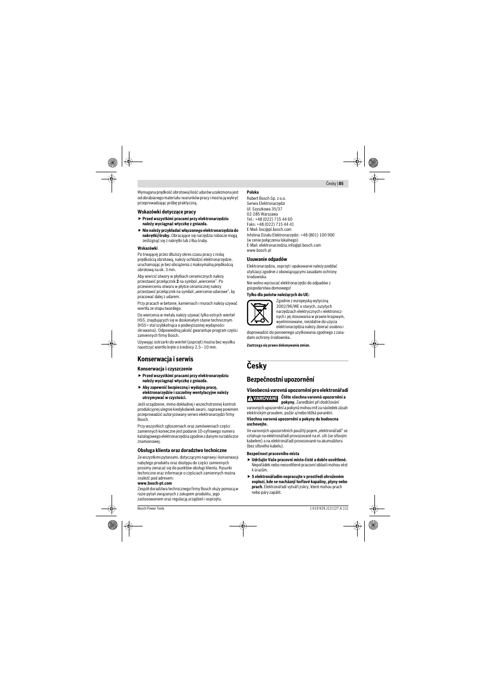 Česky, Konserwacja i serwis, Bezpečnostní upozornění | Bosch GSB 19-2 RE Professional User Manual | Page 85 / 172